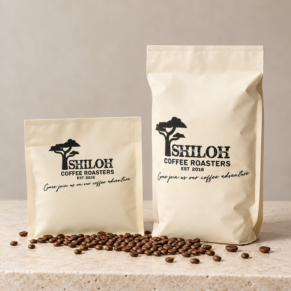 Shiloh Coffee Roasters bag formats: the 250g cream pouch next to the large white bag