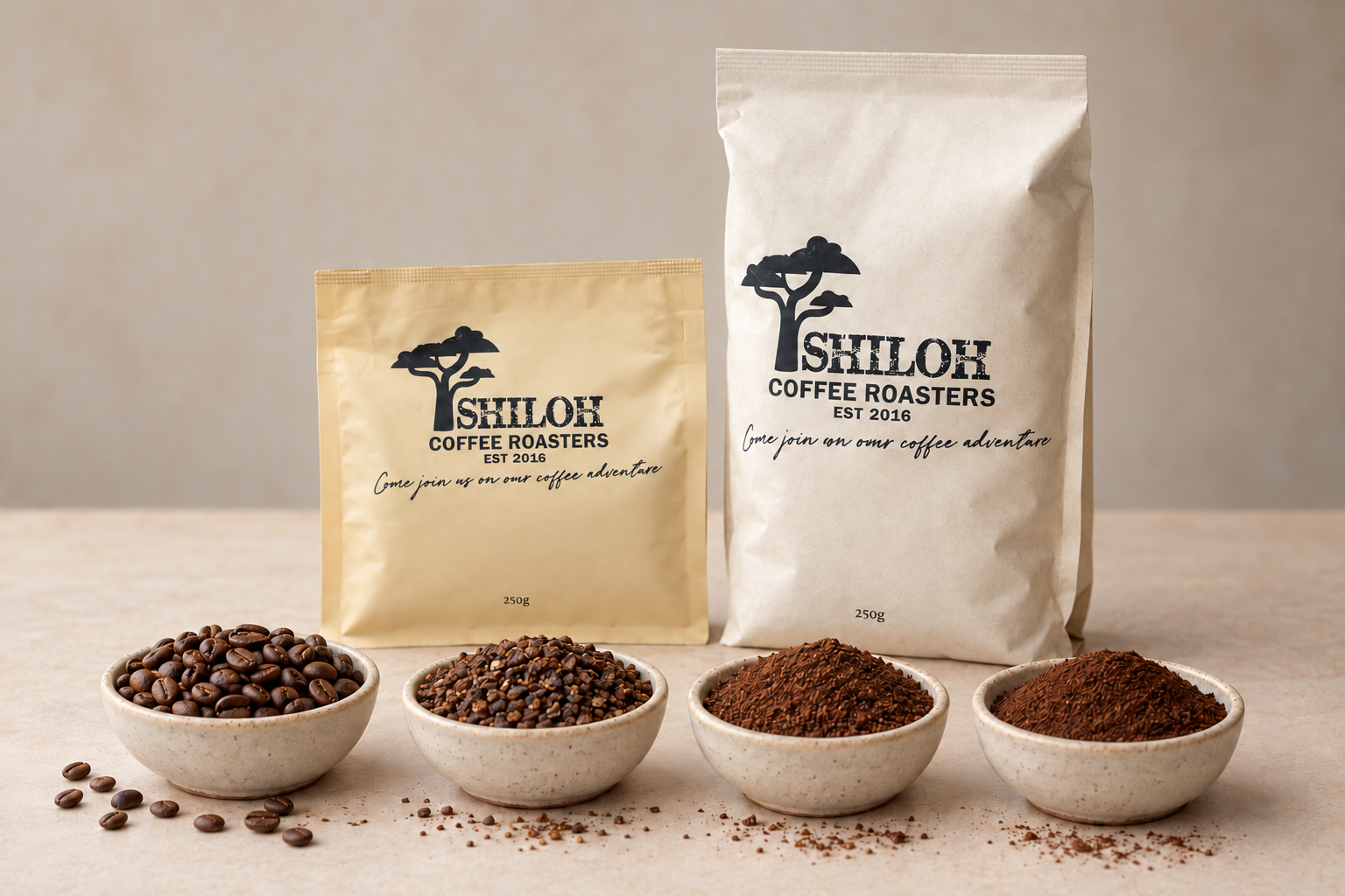Grind choices for The Voyager Subscription, from whole bean to fine, with Shiloh Coffee Roasters bags