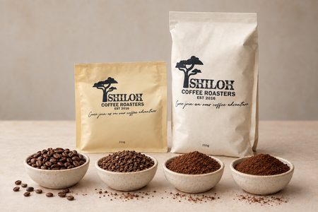 Grind choices for The Voyager Subscription, from whole bean to fine, with Shiloh Coffee Roasters bags