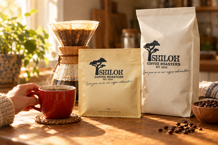 Freshly brewed pour-over coffee at a sunlit kitchen table beside Shiloh Coffee Roasters bags